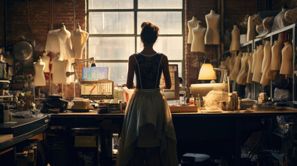 A thoughtful fashion designer stands in a sunlit studio, surrounded by mannequins, fabric, and the creative chaos of design work.