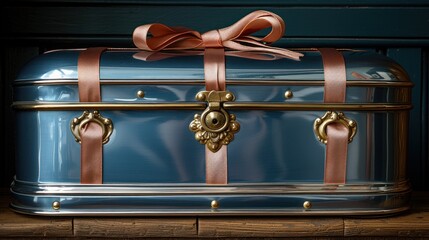  a close up of a blue suitcase with a bow on it's handle and a brown ribbon on the top of the suitcase, on a wooden surface with a wooden floor.