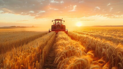 A tractor driver harvesting crops, with fields of golden wheat stretching out to the horizon and the driver silhouetted against the setting sun - obrazy, fototapety, plakaty