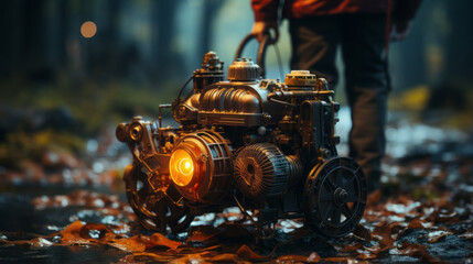 Vintage red toy tractor ATV quad bike farm vehicle machine car wheel motor engine agricultural equipment isolated model grass industry transport, generative AI