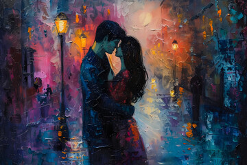 Romantic Couple Embrace Painting. Generative AI