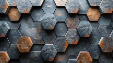  a close up of a wall made up of metal hexagonals with rust on the sides of each hexagons and rust on the sides of the other hexagonals. - obrazy, fototapety, plakaty