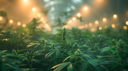 Fototapeta na wymiar Cannabis flowers in a big grow room full of lights, blooming cannabis flowers with led lights, indoor marijuana plantation, farm growing