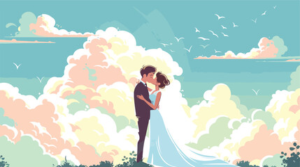 Color sky landscape background with newly married co