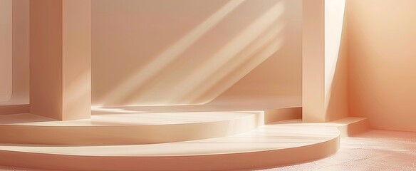 Soft peach-toned abstract environment with delicate lighting and gentle curves, creating a serene backdrop for product staging and branding.