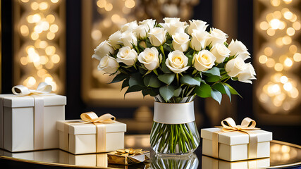 luxury bouquet of white roses and gift boxes. holiday concept.