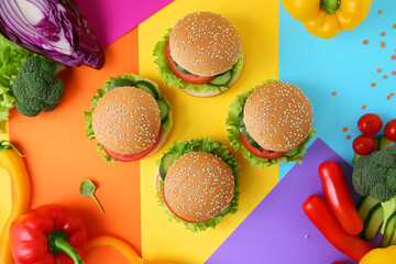 vibrant and dynamic scene featuring a selection of vegan burgers and fresh vegetables. The burgers are beautifully presented with colorful toppings, while the fresh vegetables. color and freshness
