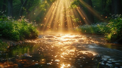  a stream running through a lush green forest filled with lots of sun shining down on the trees and the light coming from the beams of the sun shining down on the water.