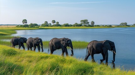  a herd of elephants walking across a lush green field next to a body of water on a lush green hillside next to a lush green grass covered field with trees.