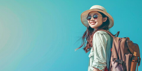 A beach hat-adorned Asian tourist woman delights in the coastal splendor, her happiness evident in every sun-kissed moment.