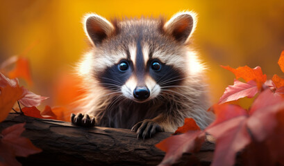 Beautiful portrait of a baby raccoon in a forest