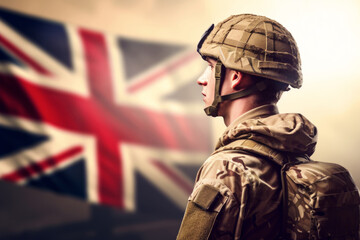 Powerful portrait of a soldier proudly standing against a backdrop adorned with the United Kingdom flag