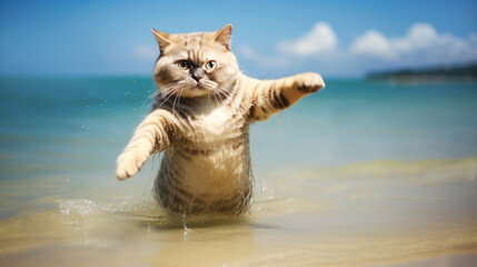 Playful portrait of a cute cat standing on two hind legs, enjoying a refreshing ocean bath during the summer