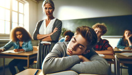 Child sleeping in the classroom at school ,Students who often fall asleep in class could be going to bed too late, bored in class, or experiencing the side effects of medication - obrazy, fototapety, plakaty