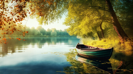 Serene scene of a classic wooden rowing boat peacefully resting on the tranquil surface of a calm...