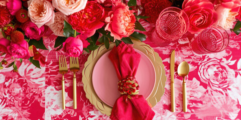 An elegantly set table with a pink theme features lush flowers and sophisticated tableware, creating a festive and luxurious dining atmosphere.