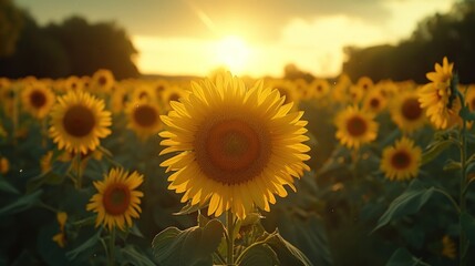  a large field of sunflowers with the sun setting in the distance in the distance, with trees in the foreground, and a blue sky in the background.