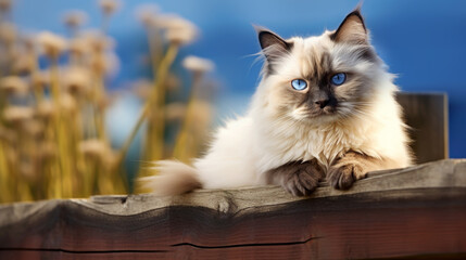 A beautiful blue-eyed Ragdoll Cat lounging on a wooden fence in a garden