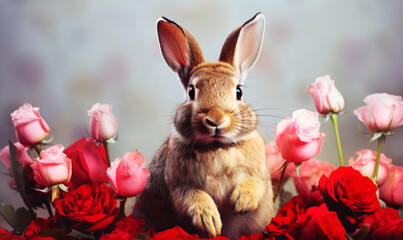 Adorable portrait of a cute rabbit surrounded by vibrant pink and red roses