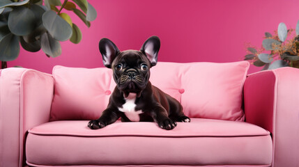 Adorable portrait of a French Bulldog puppy lying on a pink sofa bed
