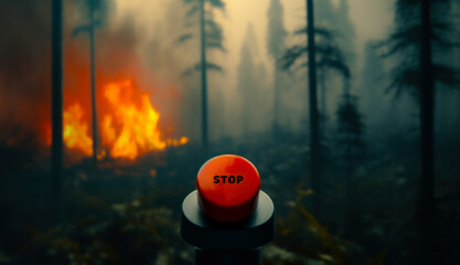 Emergency stop button with red light indicator in area of the burning forest