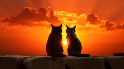 Close-up of two cats romantically gazing toward the ocean horizon at sunset