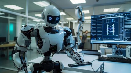 A highly advanced humanoid robot operates a computer in a modern laboratory setting, depicting cutting-edge technology and artificial intelligence.