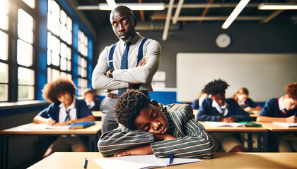 Child sleeping in the classroom at school ,Students who often fall asleep in class could be going to bed too late, bored in class, or experiencing the side effects of medication - obrazy, fototapety, plakaty