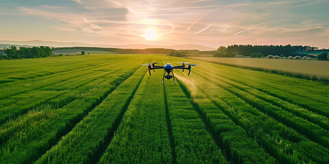 Advanced agricultural drone hovers above the field, deploying spraying technology.