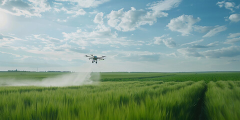 Efficient smart farm drone flies above fields, spraying crops with accuracy.