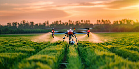 Agricultural drone hovers over fertile land, applying precise spray to crops.