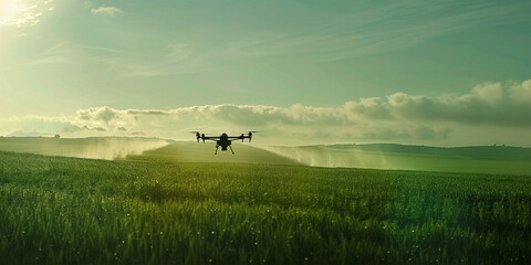 Smart technology drone maneuvers over fields, administering targeted crop spraying. - obrazy, fototapety, plakaty
