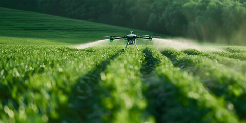 Innovative smart farm drone glides above lush fields, precision spraying mode engaged.