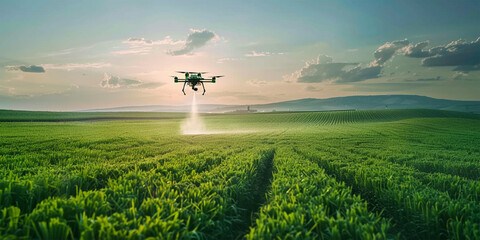 State-of-the-art agricultural drone operates above fields, executing precision spray missions. - obrazy, fototapety, plakaty