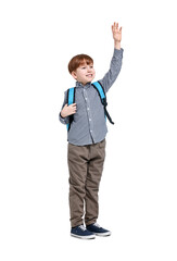 Smiling little boy with backpack waving hand on white background