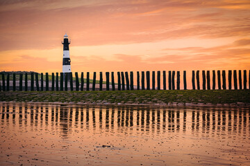 Lighthouse at golden hour on the Dutch coast near the town Breskens, Zeeuws Vlaanderen - 750193371