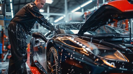 Obraz premium A skilled worker meticulously cleaning and polishing a luxury sports car in a high-tech auto detailing workshop.
