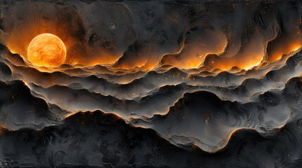  a painting of a mountain range with a full moon in the sky and clouds in the foreground, with an orange glow on the top of the mountain range.