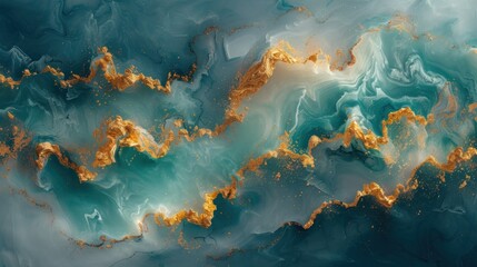  an abstract painting of gold and teal colors on a blue and white background 