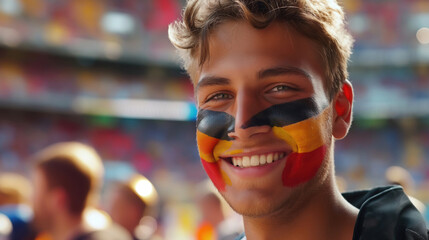 Football fan with germany flag painted on face at soccer stadium. Concept of 2024 UEFA European Football Championship