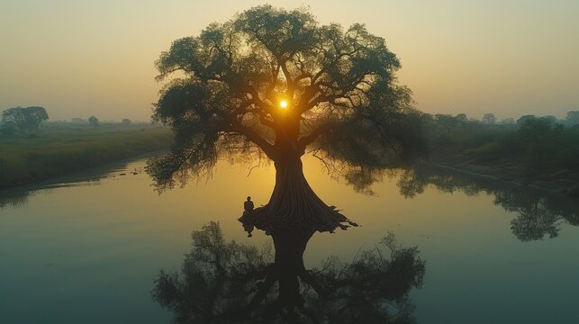  a tree in the middle of a body of water with the sun setting in the background and a person sitting on a bench under a tree in the middle of the water.