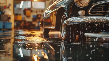 Close-up of a classic car being washed, highlighting the detailed cleaning and care of vintage automobiles.