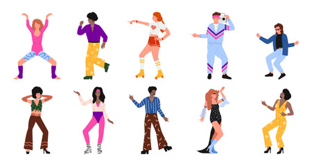 Fototapeta na wymiar People dance on disco party set. Male and female characters dancing to music in 1970s and 1980s style, collection of happy dancers in retro clothes and with tape recorder cartoon vector illustration