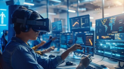Focused professional immersed in a virtual reality experience in a modern high-tech office environment with glowing screens and advanced equipment.