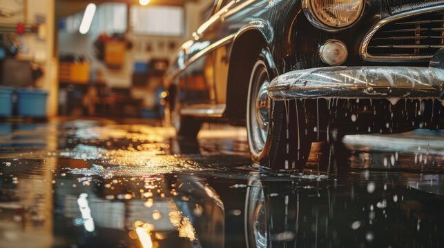 Close-up of a classic car being washed, highlighting the detailed cleaning and care of vintage automobiles.