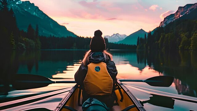 A person paddles a canoe on a calm lake as the sun sets, creating a serene atmosphere on the water