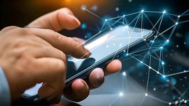 Close-up of a persons hands using a smartphone with abstract digital network graphics overlay, symbolizing global communication