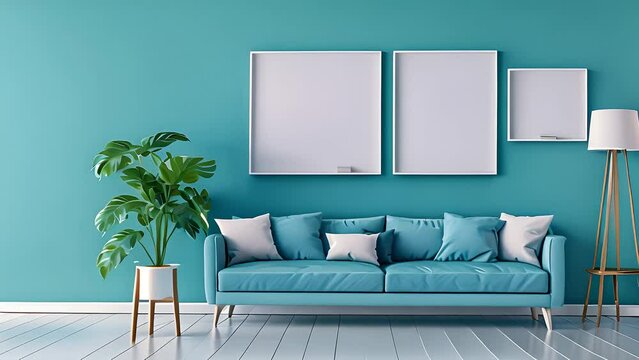 A living room featuring a blue couch and two wall pictures. The room is well-lit and neatly arranged