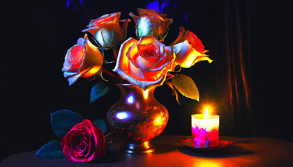 a bouquet of flowers, in the dark, next to a burning candle.