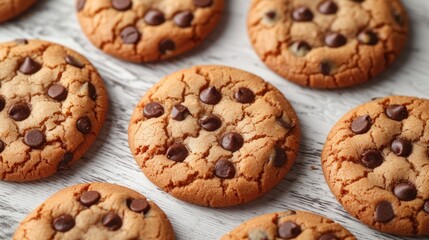  a bunch of chocolate chip cookies sitting on top of a white wooden table with chocolate chips in the middle of the cookies and chocolate chips in the middle of the cookies.